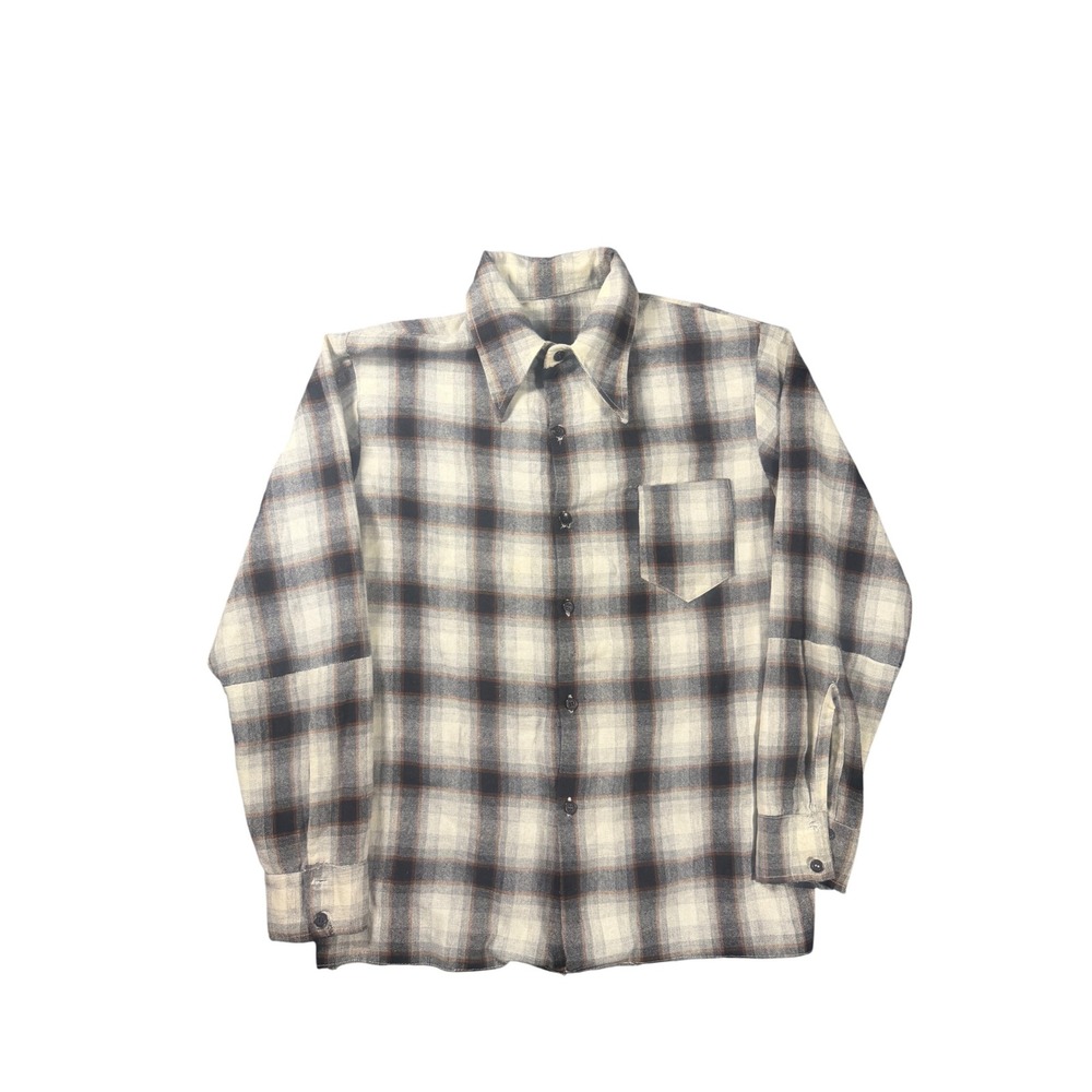 Vintage 1970s Dagger Collar Shadow Plaid Wool Button Up Shirt Grey Brown 1037